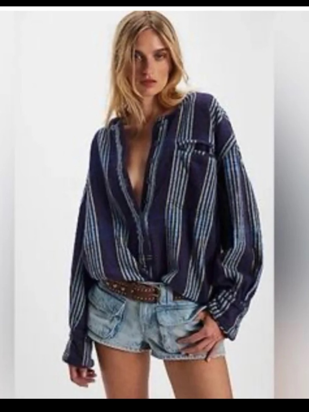 FREE PEOPLE We The Free Denim Dreaming Pullover in Blue Stripe oversized Small - Picture 4 of 12